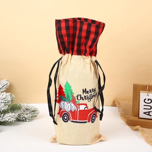 Linen Christmas wine bottle bag with Merry Christmas print and red black plaid drawstring