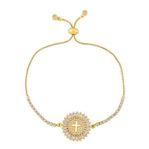 Adjustable golden cross bracelet with hollow round pendant and sparkling zircon stones