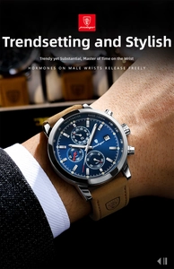 Close-up of blue quartz chronograph watch with brown leather strap and steel case