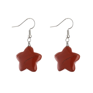 Red star-shaped stone earrings with silver hooks and natural vintage texture detail