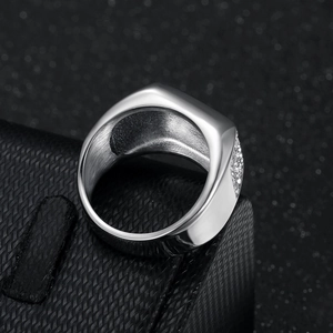 Men's hip hop silver signet ring with side-set micro diamonds in stainless steel
