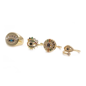 Evil Eye Adjustable Open Ring Gold Tone Copper Colorful Cubic Zirconia Turkish Bohemian Style Fashion Jewelry