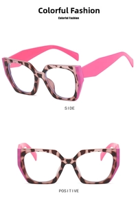 Front and side views of leopard print square glasses with hot pink temples
