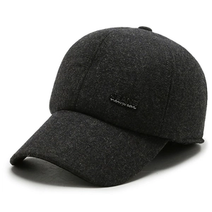 Men's wool blend baseball cap in dark grey with ear protection and metal accent