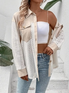 Elegant beige lace patchwork shirt with lapel collar and long sleeves for women