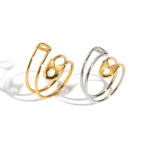Minimalist geometric safety pin rings in gold and bicolor silver-gold finish
