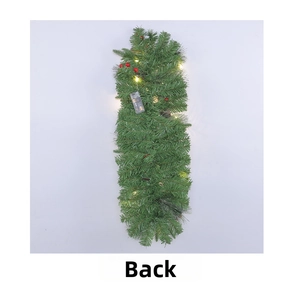 Back view of Christmas mailbox swag with green pine needles, red berries, and LED battery box