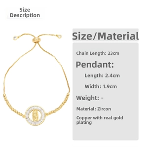 Detailed view of adjustable 18K gold plated Virgin Mary pendant with cubic zirconia