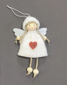 Detailed view of handmade angel ornament with white knit hat and wooden ball feet