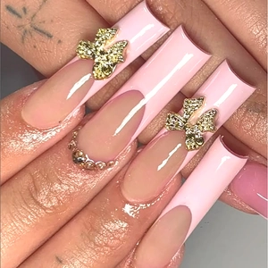 Press On Nails French Style Long Square With 3D Bowknot And Rhinestone Coffin Fake Nails For Women Sweet Elegant