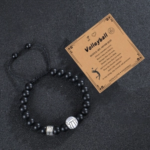 Pulsera de voleibol de piedra negra mate con cruz de corazón plateada y tarjeta