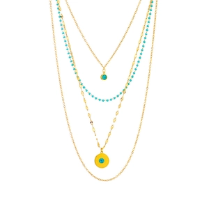 Multi-layer gold-plated titanium steel necklace with turquoise beads and round pendants