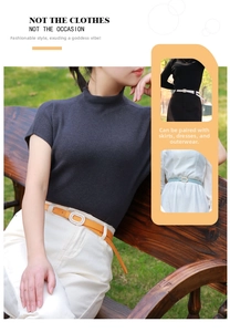 Close-up of slim leather belts with oval pearl buckles in orange, white, and light blue