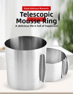 Close-up of adjustable stainless steel mousse rings in two heights for cake baking