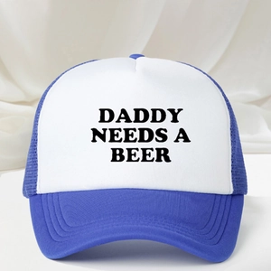 Detail of Daddy Needs A Beer print on blue and white mesh trucker hat for men