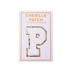 Detail of chenille letter P patch with gold sequin border and peel and stick adhesive