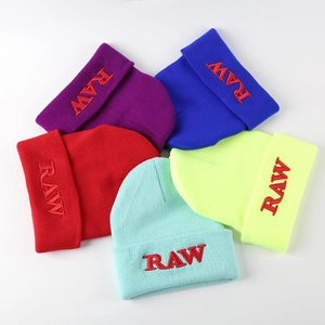 Winter warm knit beanies with RAW embroidery in multiple colors like purple and green