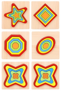 Detail of 6-piece wooden shape puzzles featuring colorful multi-layer nesting geometry