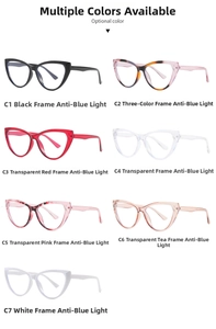 Detailed grid view of stylish cat eye blue light blocking glasses in seven vibrant colors