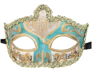 Vintage Venetian masquerade mask in teal and gold with musical note pattern and ribbons