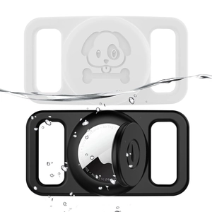 Waterproof silicone AirTag cases in black and white featuring embossed dog paw prints