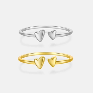 Adjustable 925 Sterling Silver Open Ring Minimalist Double Heart Style Elegant Fashion Jewelry For Women Girls
