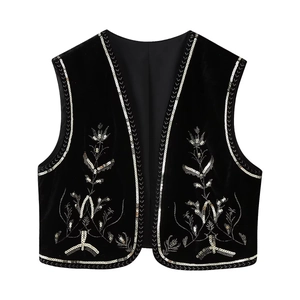 Women Velvet Vest Sequin Embroidery Floral Pattern Ethnic Folk Style Sleeveless Open Front V-Neck Waistcoat Jacket Top
