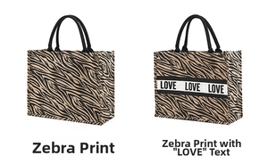 Detail view of zebra print jute tote bags with durable rope handles and LOVE print