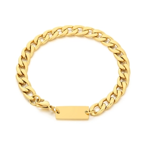 Golden 7mm stainless steel Cuban link bracelet featuring a rectangular engravable ID plate