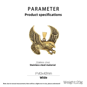 Detailed size chart of a vintage stainless steel eagle pendant with 43x42mm dimensions