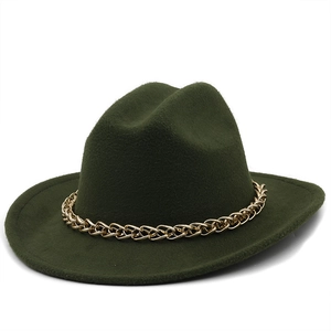 Detail of dark green wool fedora with a decorative gold metal chain accessory