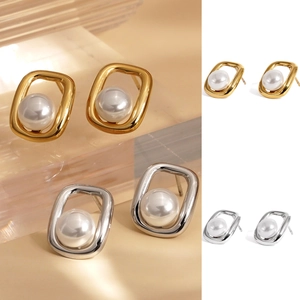 Stainless Steel Artificial Pearl Stud Earrings Geometric Square PVD Gold Plated Waterproof Sweatproof Elegant Chic For Women