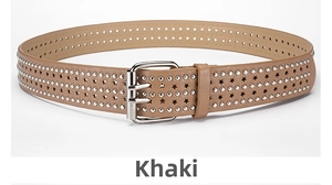 Detail of khaki leather belt featuring silver round studs and star-shaped punch-outs
