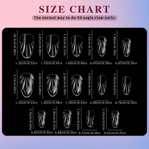 Size chart showing precise dimensions for 14 styles of 3D eagle claw almond nail tips