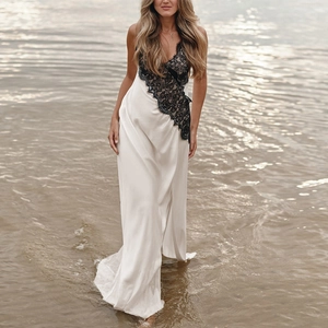 Elegant white satin slip maxi dress with black lace V-neck detail and side slit for women