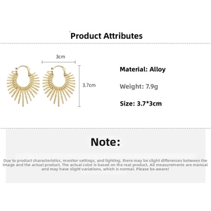 Detail view of gold fan-shaped sunburst earrings showing alloy material and 3.7x3cm size