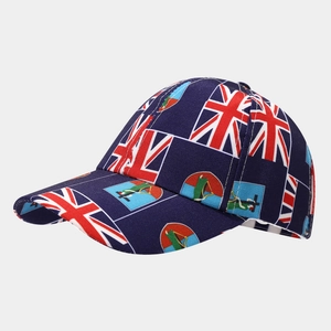 Detail of kids baseball cap featuring Union Jack and national flag prints on navy cotton