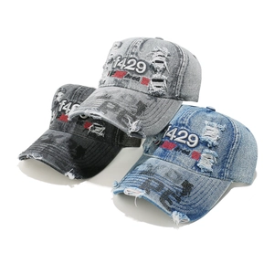 Distressed denim baseball caps with 1429 embroidery in black, blue, and grey