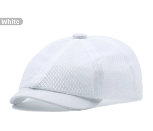 Detailed macro view of white breathable mesh fabric and brim on this sun protection cap