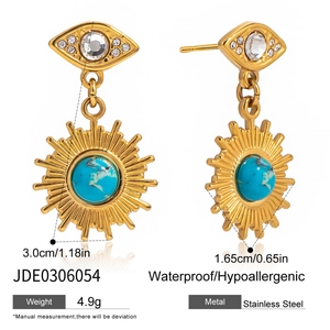 Vue détaillée de boucles d'oreilles turquoise en acier doré avec taille et poids