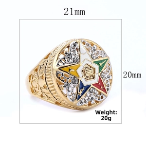 Detailed view of Order of the Eastern Star ring showing 21mm dimensions and enamel colors