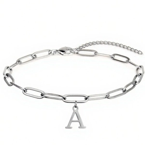 Silver paperclip chain bracelet featuring a hanging letter A pendant and lobster clasp closure