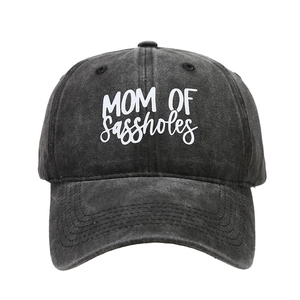 Washed dark grey baseball cap with white MOM OF sassholes embroidery text