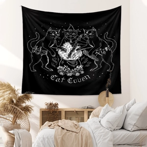 Mystic black tapestry featuring three cat witches around a cauldron for bedroom decor