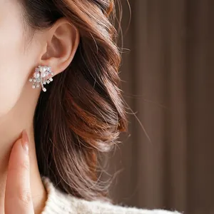 French vintage cluster pearl earrings with sterling silver needles and gold plating