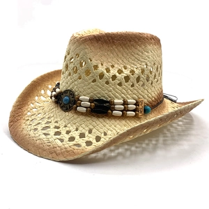 Handmade Western cowboy straw hat with ethnic bead band and hollow breathable design