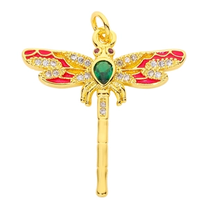 Golden dragonfly pendant with red enamel wings and sparkling green drop crystals