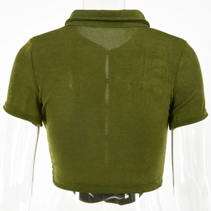 Back view of a vintage green short sleeve crop top on a mannequin with polo collar detail