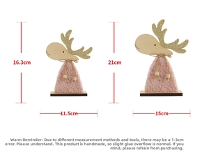 Size diagram of wooden Christmas reindeer ornaments with gold glitter antlers and pink fur