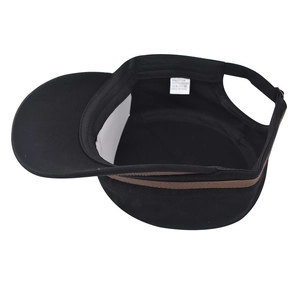 Detail view of cotton-polyester cadet cap interior with wash care label and brown trim
